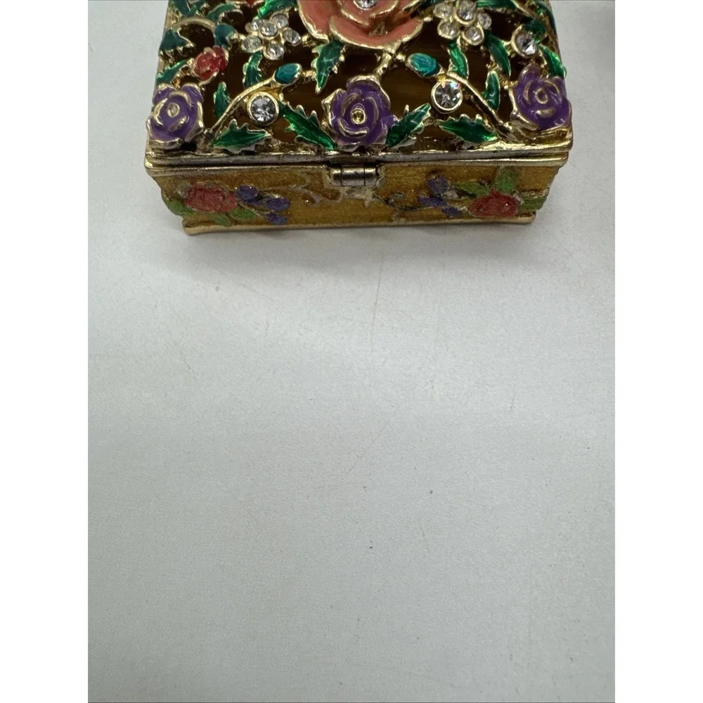 Metal & Enamel Trinket Box, Hinged with Magnetic Closure Floral Rhinestones